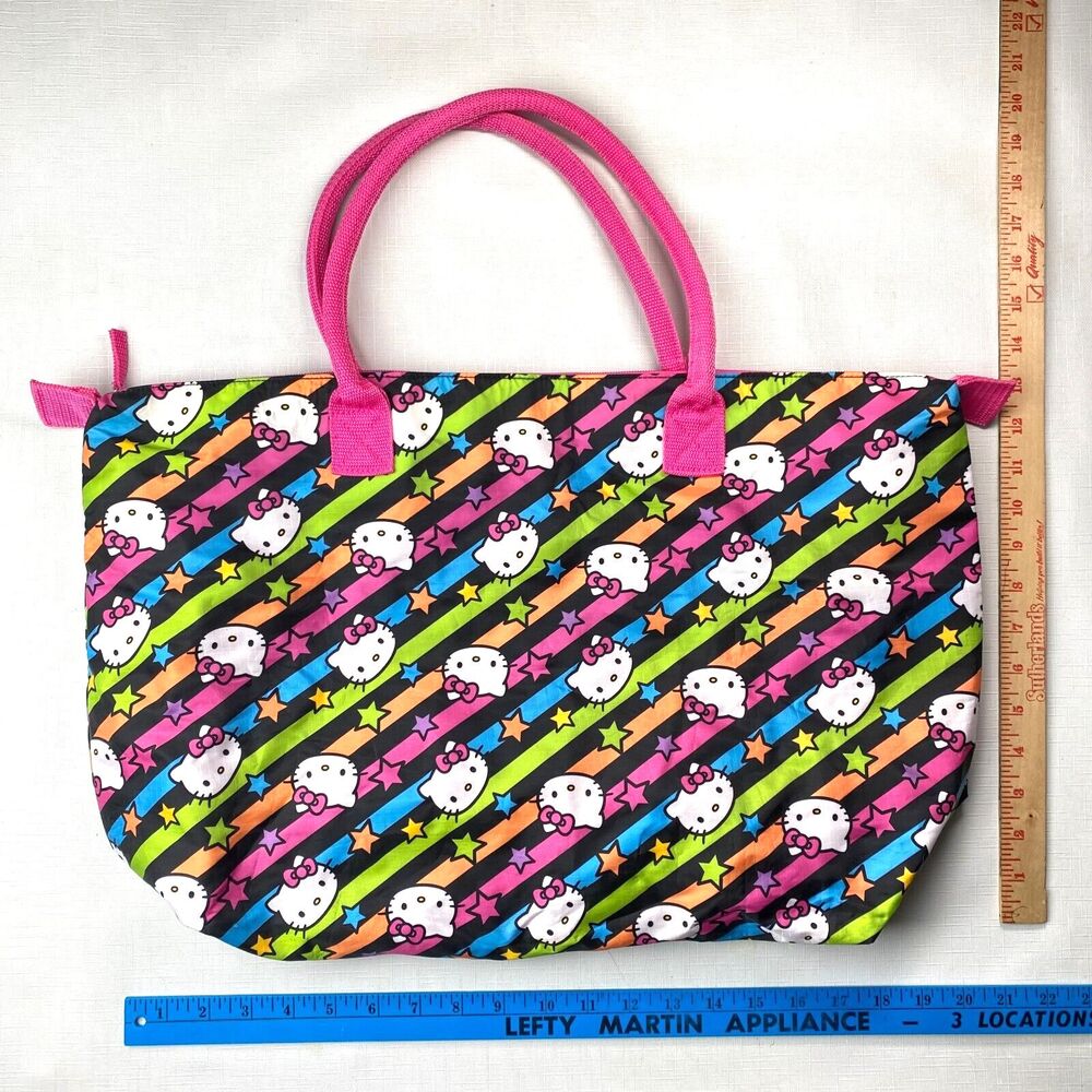 Sanrio HELLO KITTY Large Black Rainbow Striped TOTE BAG! Pink Stars Snaps